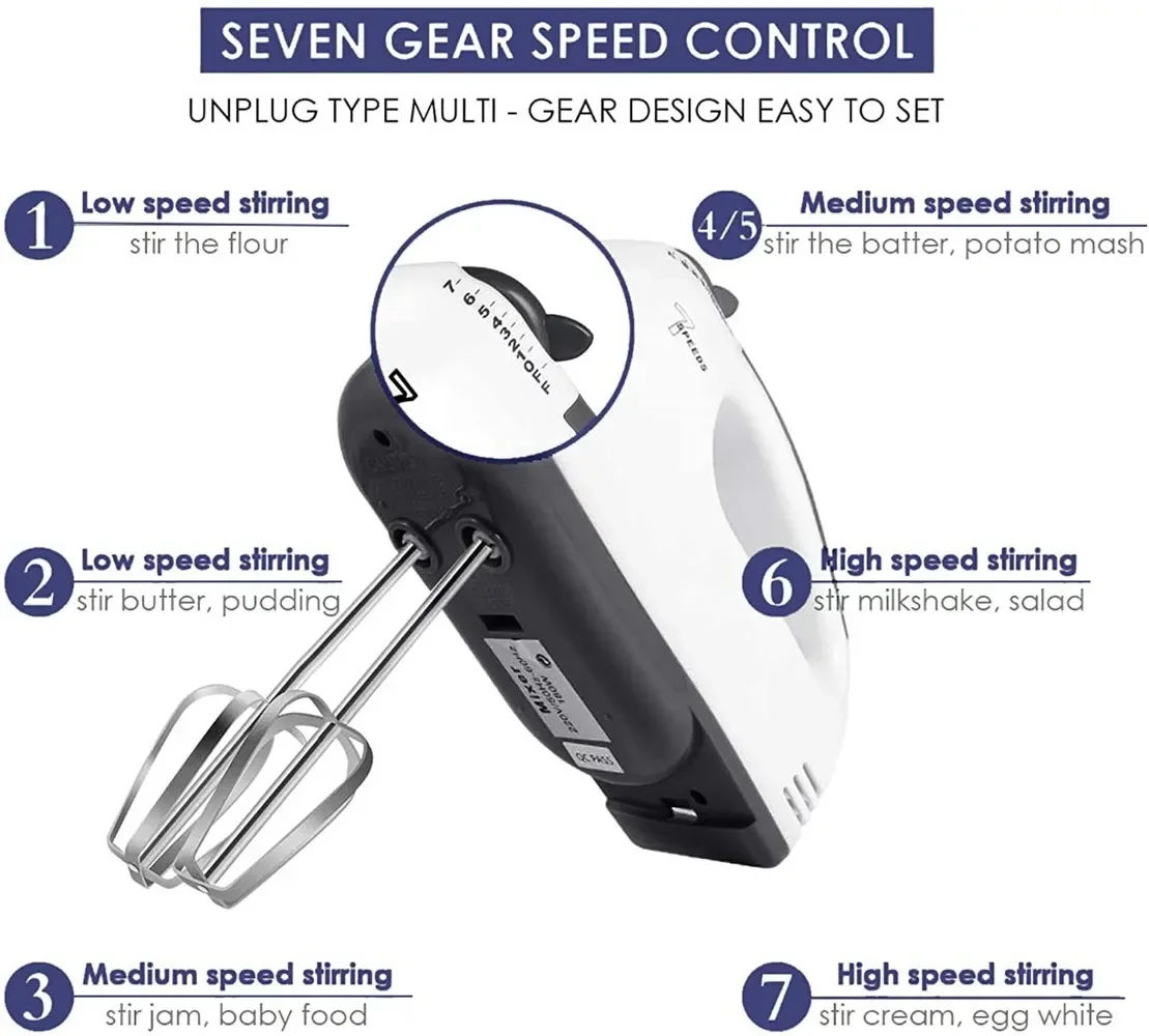 7 Speed Hand Mixer Electric Hand Mixer Portable Kitchen Hand Held Mixer for Food Whipping White Easy Operation