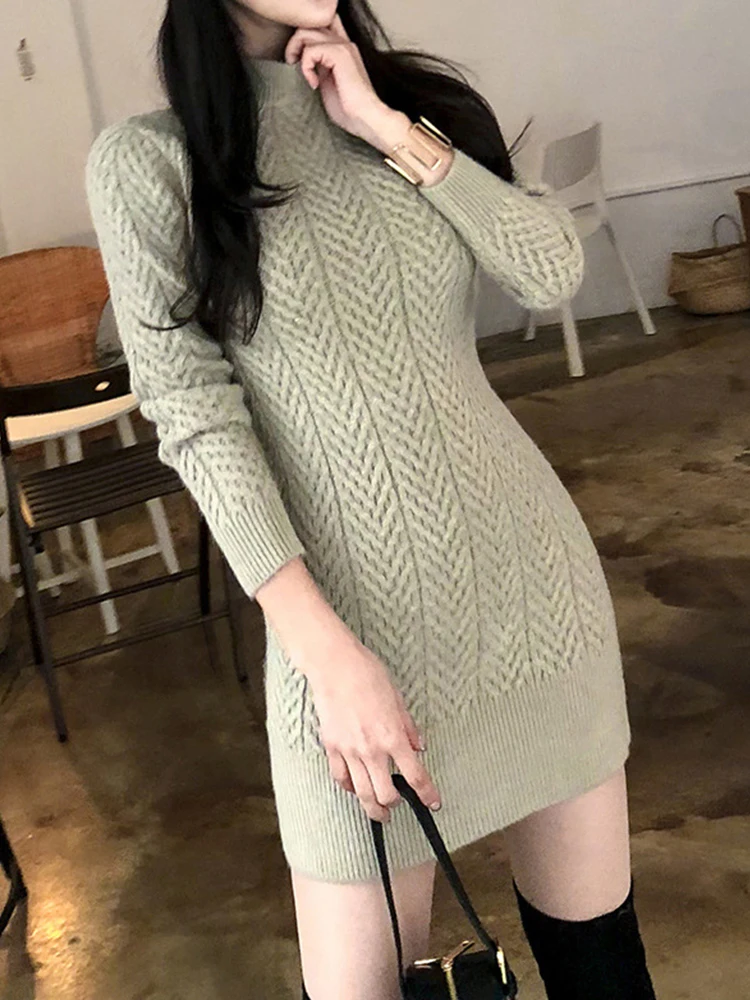 Autumn Winter Knitted Women Dress Sweater Solid Screw Thread Long Sleeve Skinny Mini Inner-Match Stretchy Street Mujer Vestidos