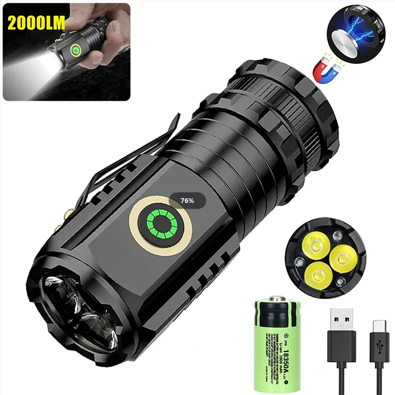 3LED Super Bright Flashlight Portable Mini Burst Flash Torch Rechargeable Outdoor Emergency Spotlight with Pen Clip Tail Magnet