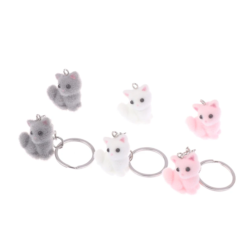 Cute 3D Flocking Small Cat Keychain Resin Cat Couple Mobile Phone Pendant Car Keyring Earphone Backpack Charms Bag Decor