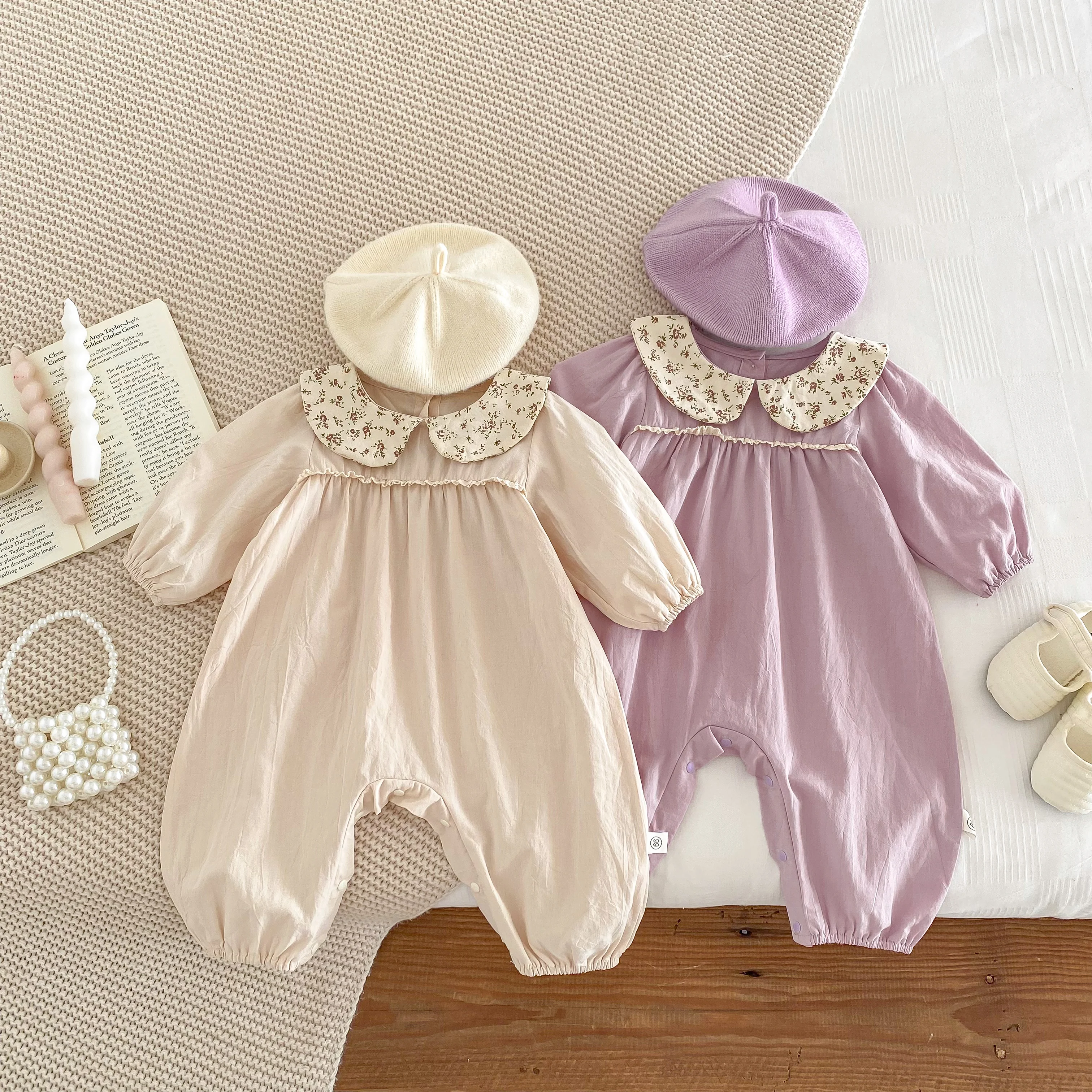 0-3Y Baby Bodysuit  Long Sleeves Floral Collar  Infant Girls Jumpsuit Baby Clothes  Thin Sweet Beauty