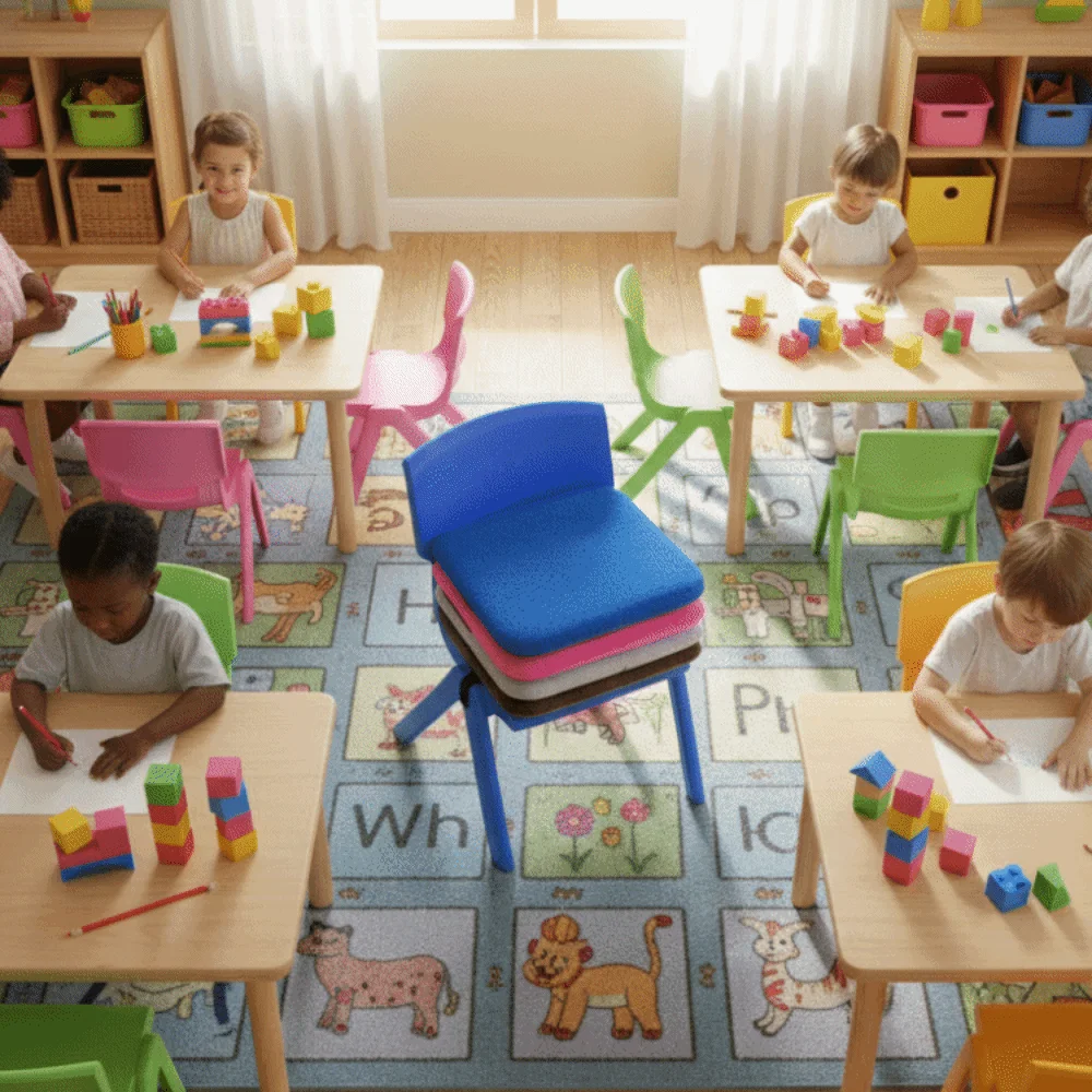 Square Student Chair Cushion with Strap Slow Rebound Plastic Stool Pad Soft Velvet Fabric Surface Seat Cushion Kindergarten