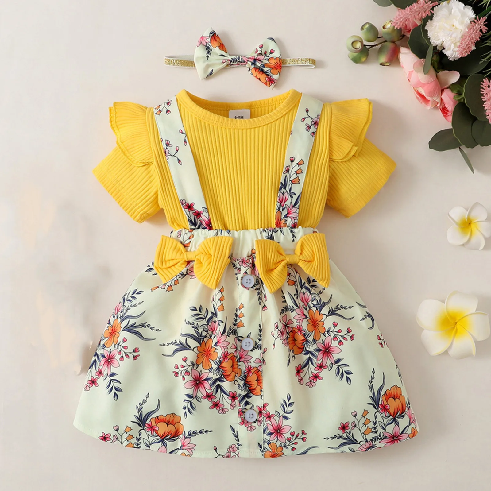 3pcs Newborn Baby Girls Clothes Sets Summer Short Sleeve Romper Bodysuit Top Floral Skirts 3 6 9 12 24 Months Headband Outfits