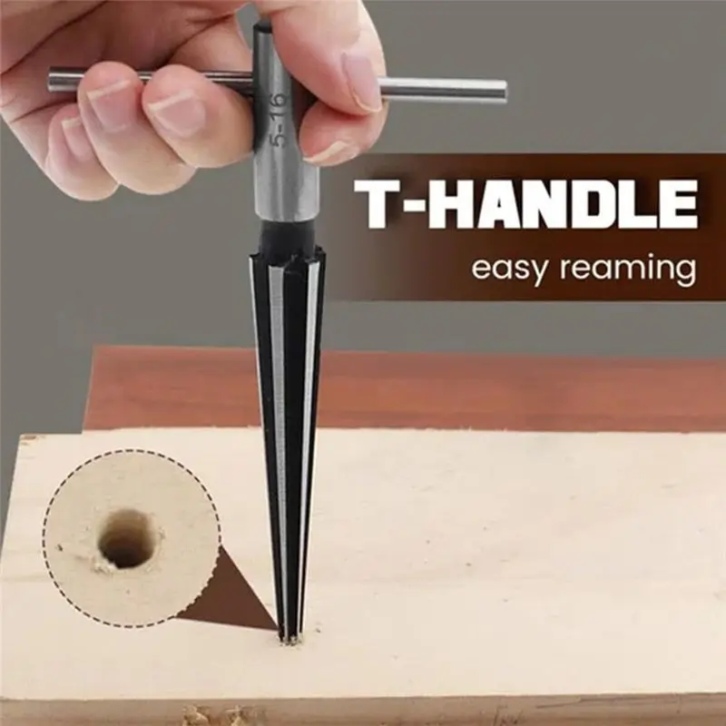 A44Z-2Pcs T Handle Taper Reamer ,6 Fluted Chamfer Reaming Guitar Bridge Pin Hole Handle Tapered Reamers Tool
