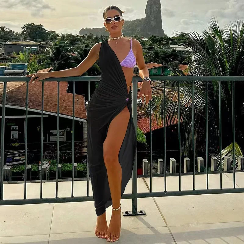 2026 새로운 패션 여성의 불규칙한 드레스 화이트 하이 슬릿 비치 커버 업 스커트 여름 휴가 복장 Y2k 의류