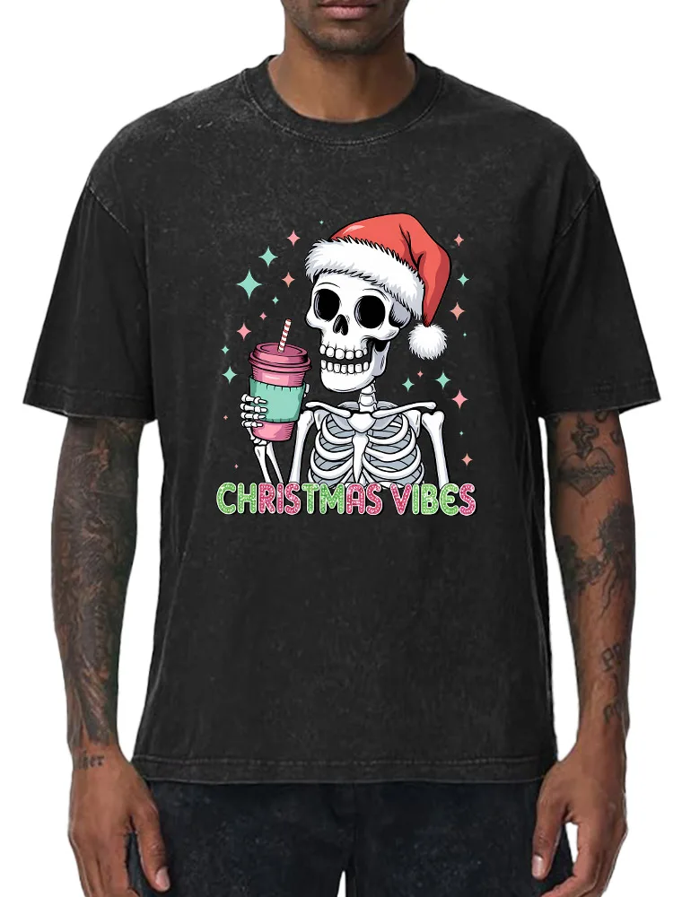 

Skull Drinking Coffee 230g Heavy Cotton Washed Oversized T-Shirt for Men Christmas Graphic Tee Retro Casual Top