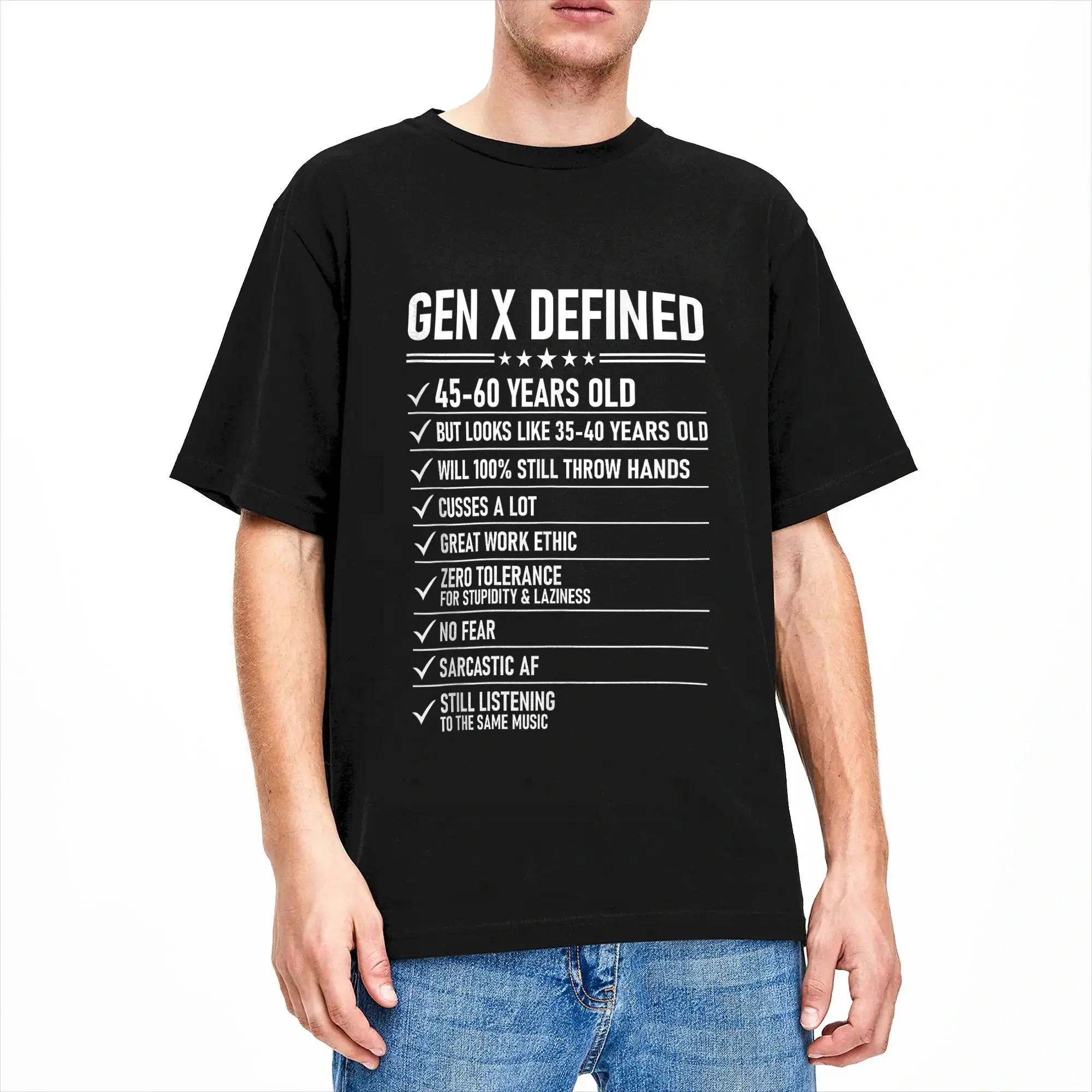 Gen X Defined Funny Generation X Checklist Sarcastic Graphic T Shirts for Men Pure Cotton Vintage T-Shirts Round Neck  Tees