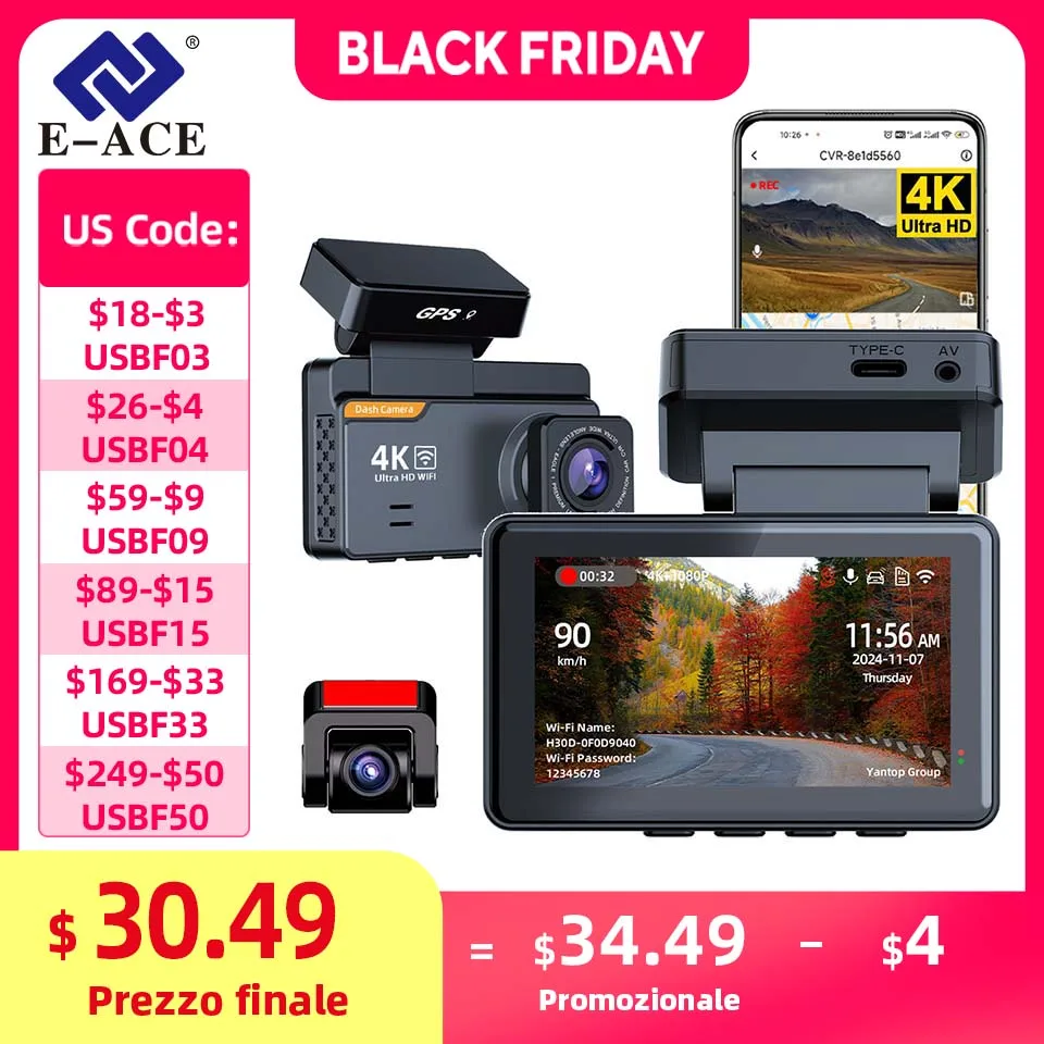 E-ACE Dash Cam 4K 3 بوصة سيارة صغيرة Dvr عدسة مزدوجة مع GPS WIFI 24h وقوف السيارات 1080P كاميرا الرؤية الخلفية للرؤية الليلية الصندوق الأسود #1