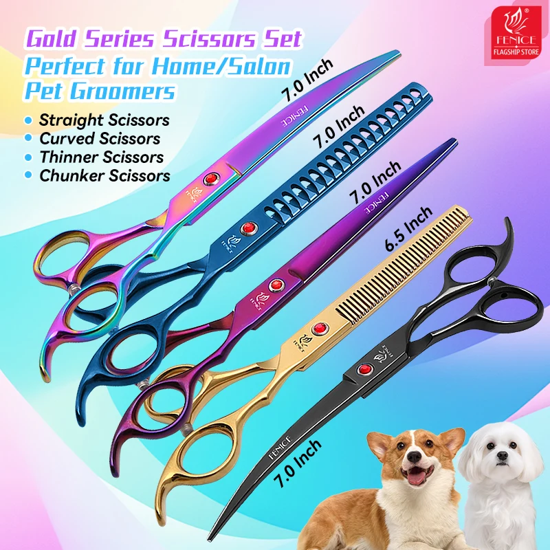 

Fenice 6.5/7 Inch Colorful Professional Dog Grooming Scissors Set Kits Straight Thinner Curved Chunker Grooming Shears Tool Set