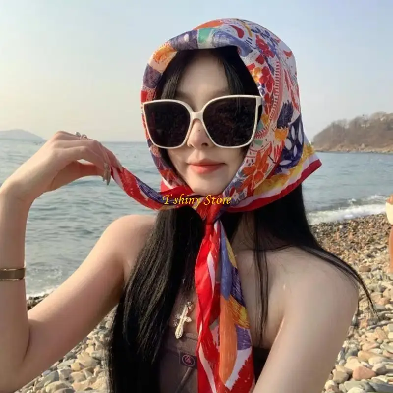 N58F Bright Color Vacation Headscarf with Patterns Great for Female and Girl Beach and Casual Wear Sunproof Headpiece