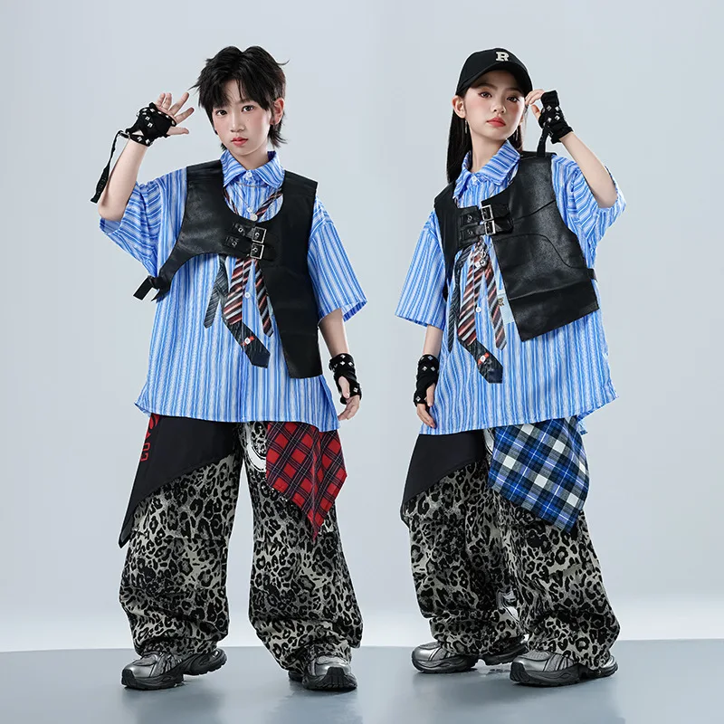 

Kids Teenager Stage Fashion Show Dance Clothes Children Boys Girls Streetwear Short Sleeve Shirt Shorts Vest Sets Costumes