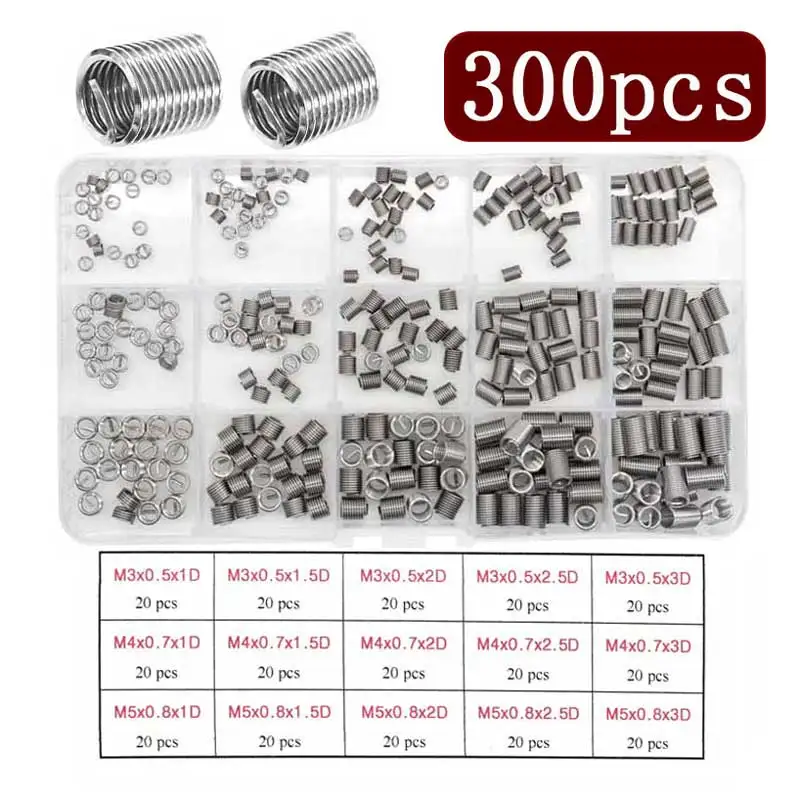 300Pcs Wire Thread Inserts kit Stainless Steel M3 M4 M5 Helicoil Kit Wire Screw Sleeve Thread Repair Kit for Automotive Repairs