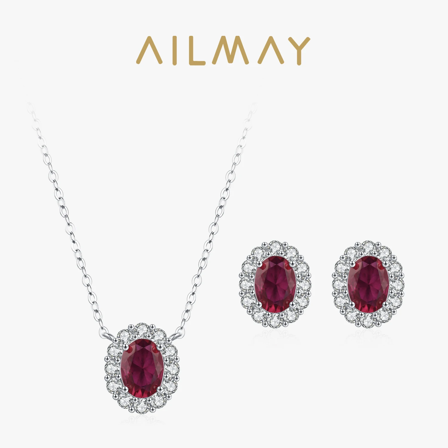 Ailmay New Luxury 925 Sterling Silver Oval Red Corundum  Zircon Jewelry Sets Women Earrings Necklaces Wedding Jewelry