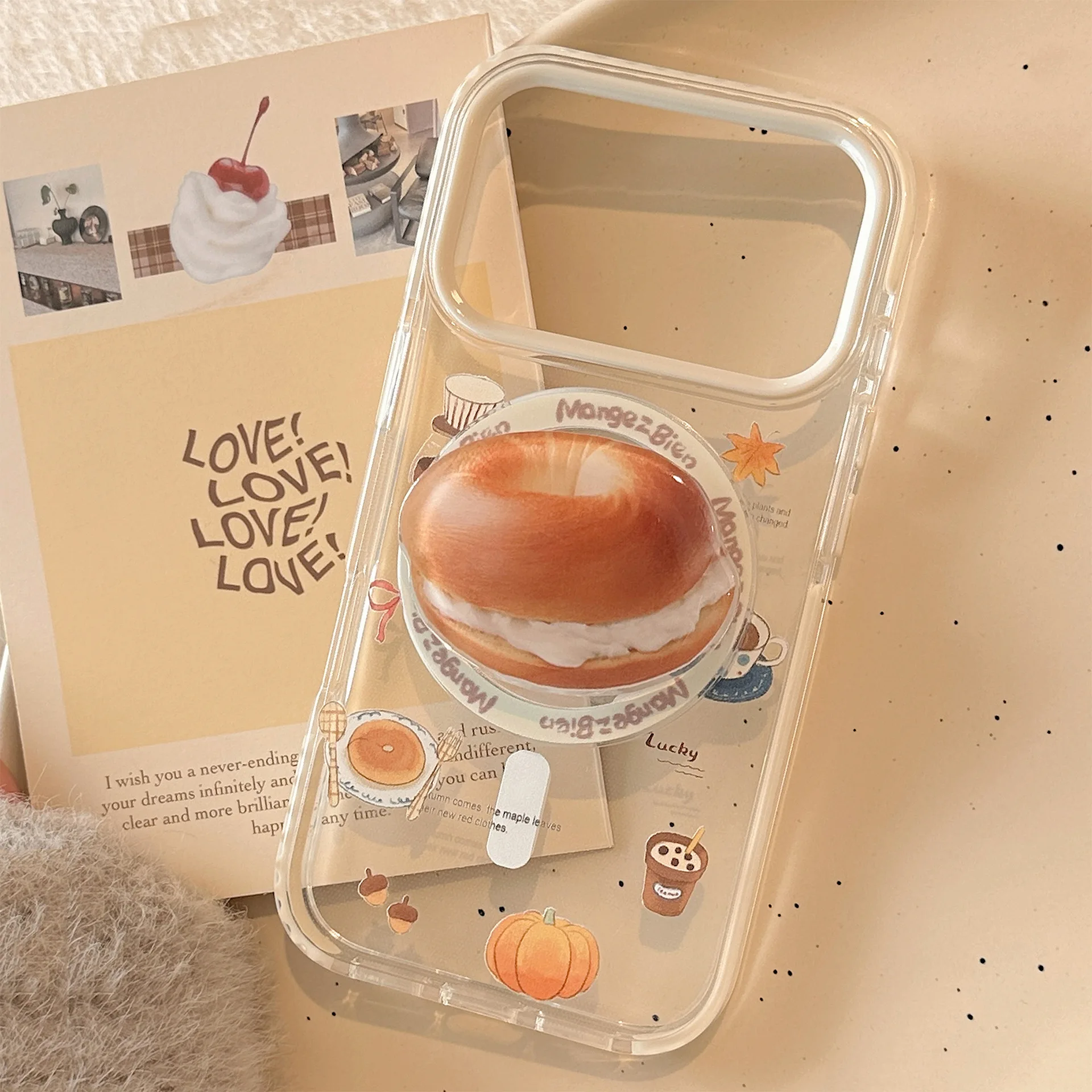 Koreanische Cartoon Creme Bagel Magnetische Halterung Telefon Fall Für iPhone 17 16 15 14 13 12 Pro Max Klare Stoßfest schutzhülle