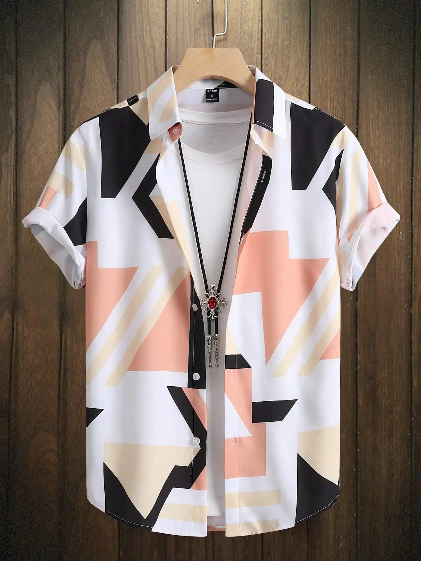 

Men's Abstract Geometric Print Short Sleeve Button-Up Shirt, Slim Fit Casual Summer Top
