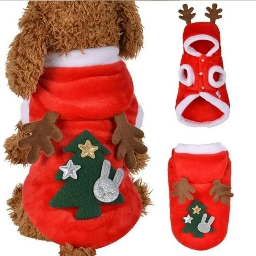 Christmas Dog Hoodie Reindeer Antlers Pet Coat Warm Fleece Winter Jacket For Small Dogs Cats Puppy Holiday Party Costume Clothes