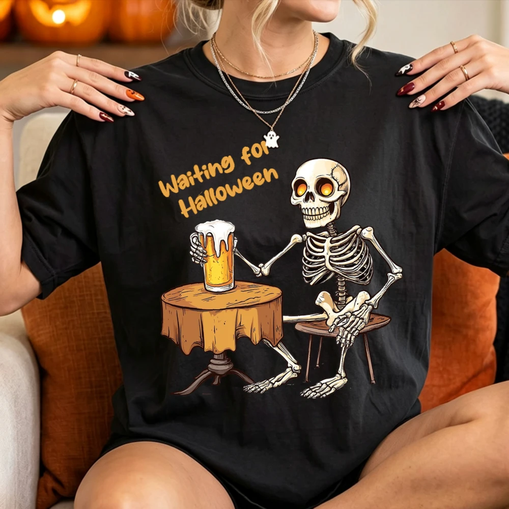 Funny Skeleton Drinking Beer T-shirt Waiting for Halloween Men Women Unisex Cotton Short Sleeve Graphic Tee Tops Women Clothing