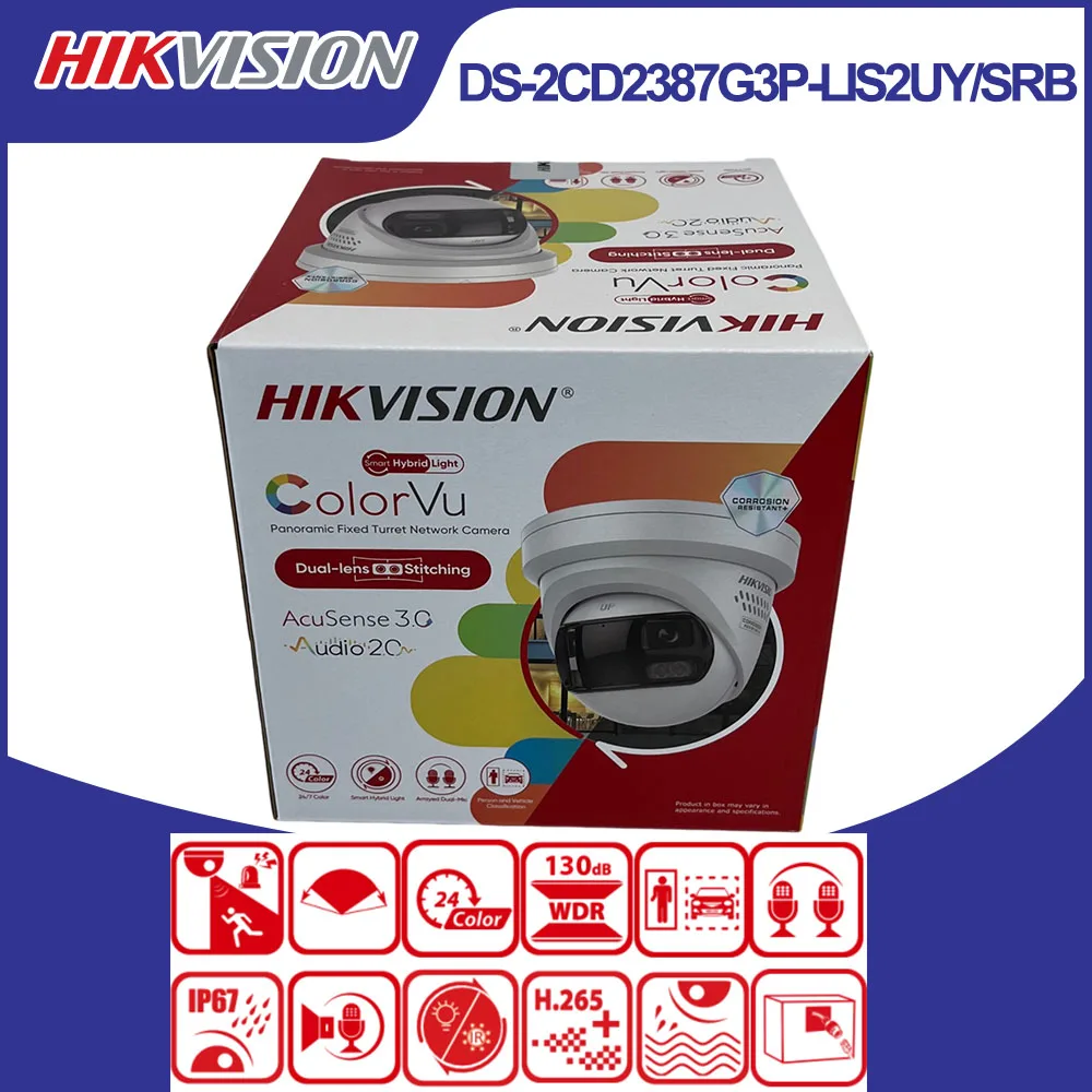 Hikvision DS-2CD2387G3P-LIS2UY/SRB 8MP 180° Panoramic ColorVu Turret IP Camera Dual Mic Strobe Siren Smart Hybrid Light AcuSense