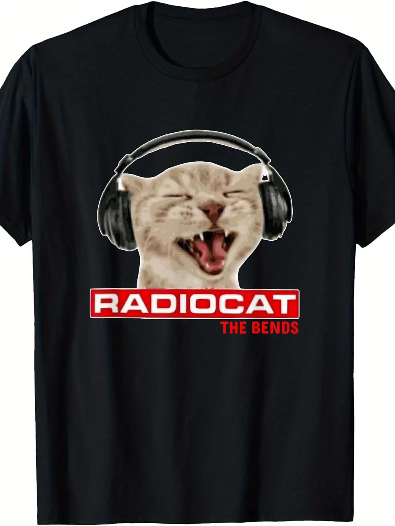 2026 Radiocat The Bends Funny Music for cat Meme T-Shirt - Tee with Headphones-Wearing for cat & Red Graphic, Comfortable Crew N