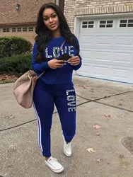 Plus Size Sports Outfits Set, Women's Leopard Letter Print Long Sleeve Pullover Top & Striped Side Pants Outfits Two Piece set
