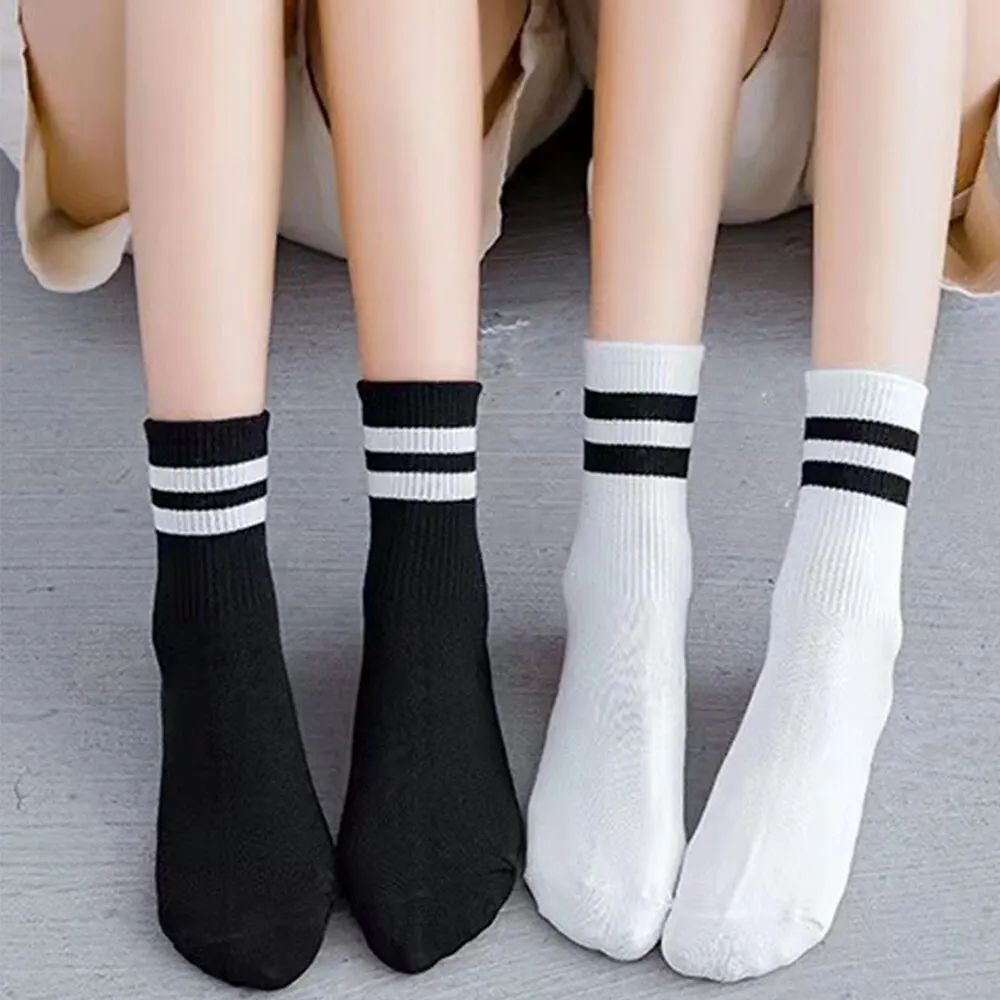 5 Pairs Women\'s Mid Length Socks Solid Color Parallel Stripe Simple Fashionable Sports Sweat-Absorbing High-Quality Girls\' Socks