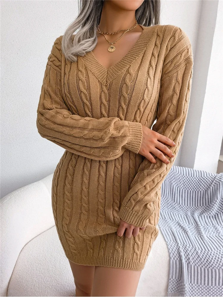 New Fashion Autumn Winter Bodycon Pencil Dress Women Slim Fit Cable Knit Long Sleeve Sweater Dress Sexy V Neck Club Party Dress