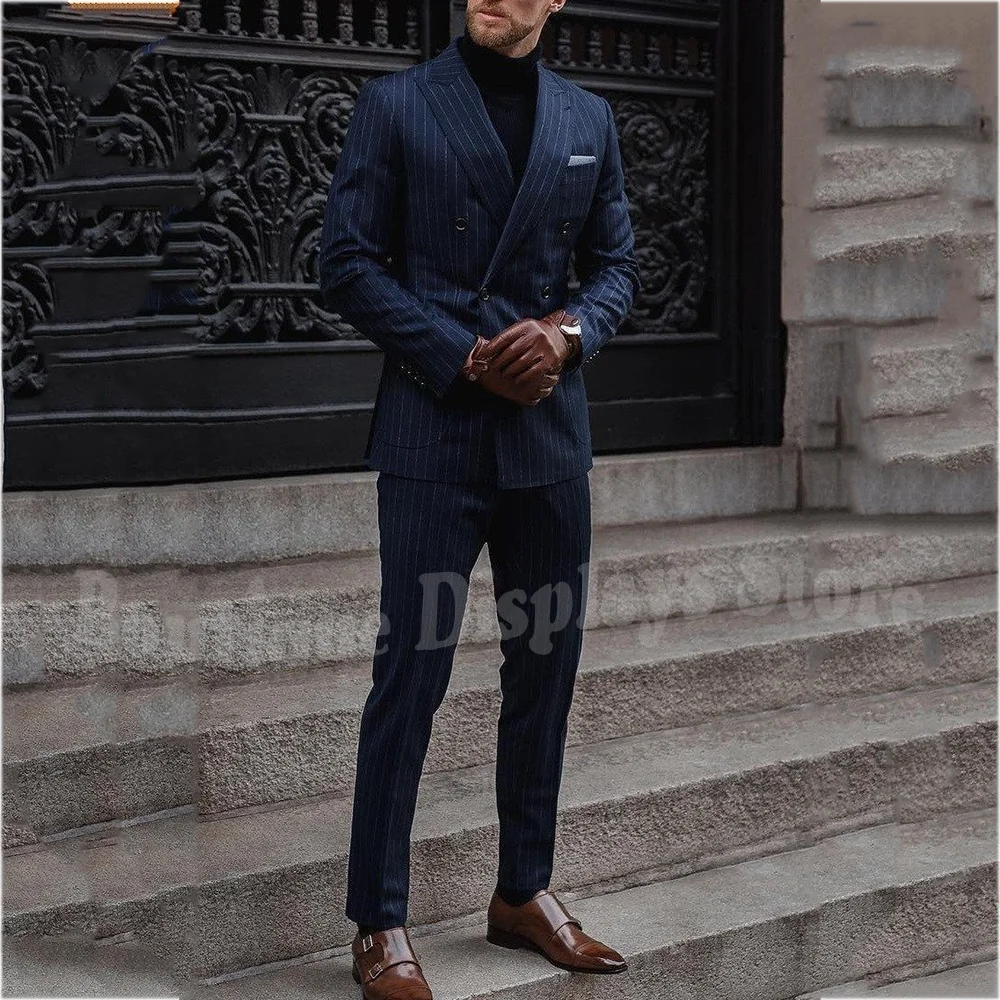 

England Style Peaked Lapel Men Suit Two Pieces(Blazer+Pants) Slim Fit Elegant Double Breasted Formal Party Male Clothing