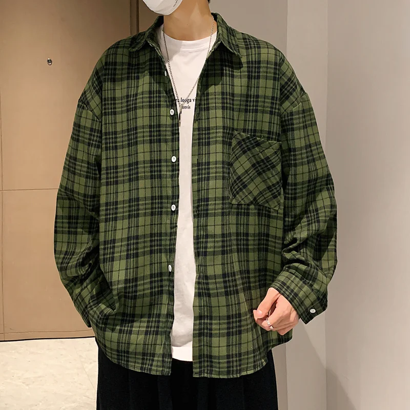 

Men's Plaid Shirt Single-breasted Retro Long-sleeved Buttons Turndown Collar Spring Autumn Bottoming Tops Loose Coats Shirts