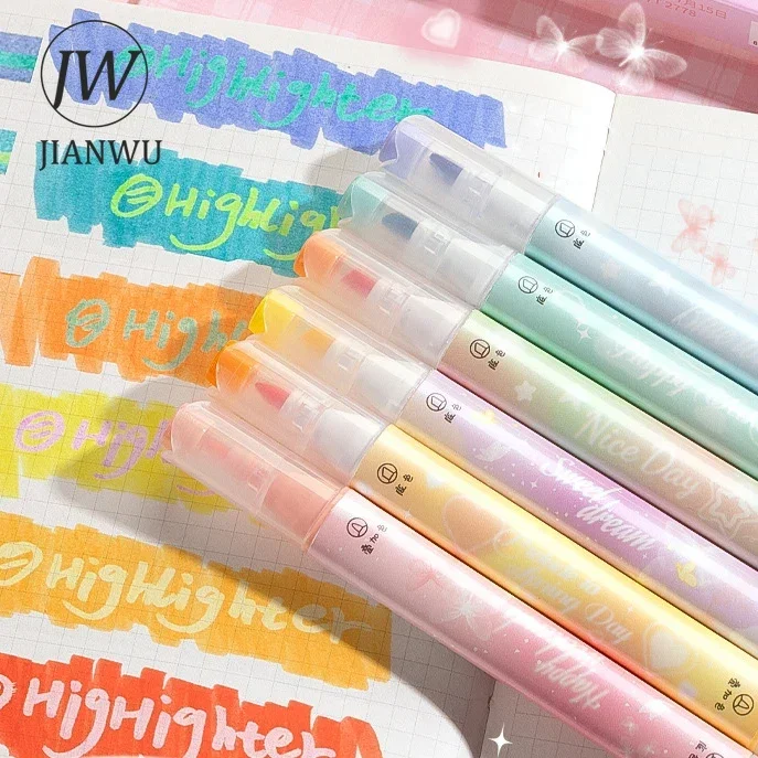 JIANWU 6 Pcs/set Color Stacking Double-ended Highlighter Set Write Smoothly Creative DIY Journal Student Supplies Stationery