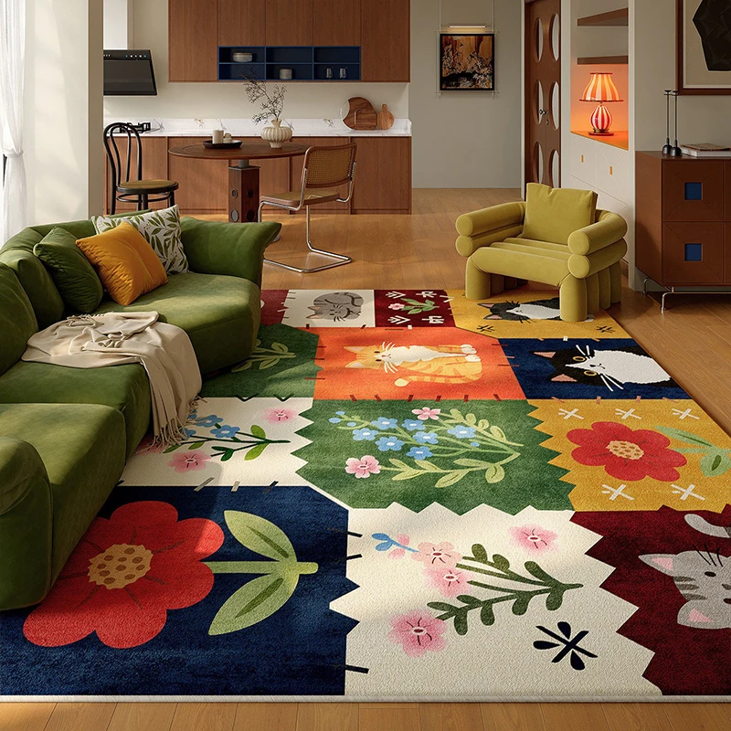 Living Room Carpet Large Size Stain-resistant Wear-resistant Loop Pile Carpets Cute Cat Pattern Floor Mat Bedroom Home Decor Rug