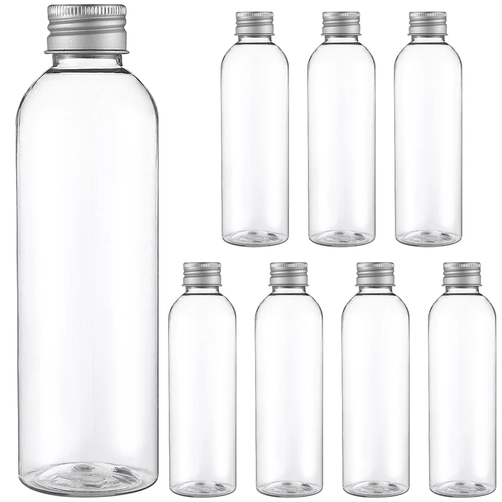 8 Pcs Transparent Beverage Bottle Juice Bottles Clear Plastic with Lids Aluminum Caps Drink