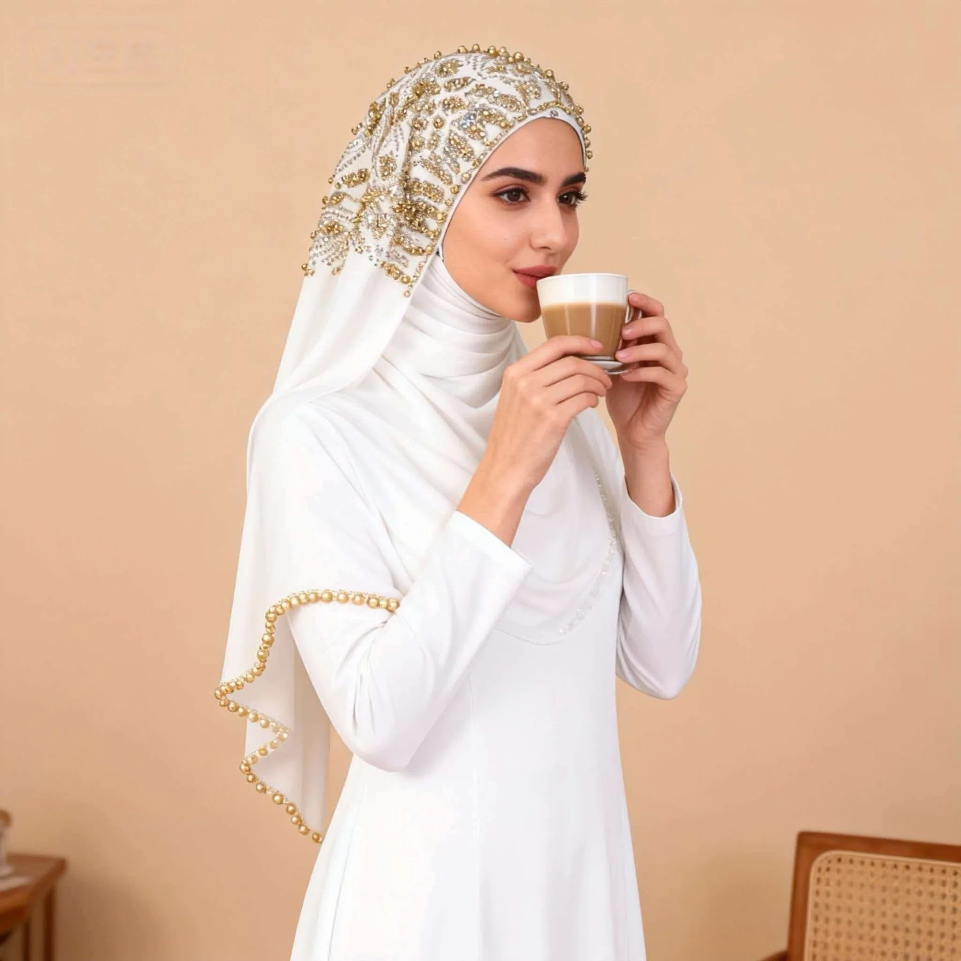 Boho Chiffon Beaded Head Scarf Ethnic Southeast Asian Style Long Headwrap Fashionable Sheer Hijab for Women
