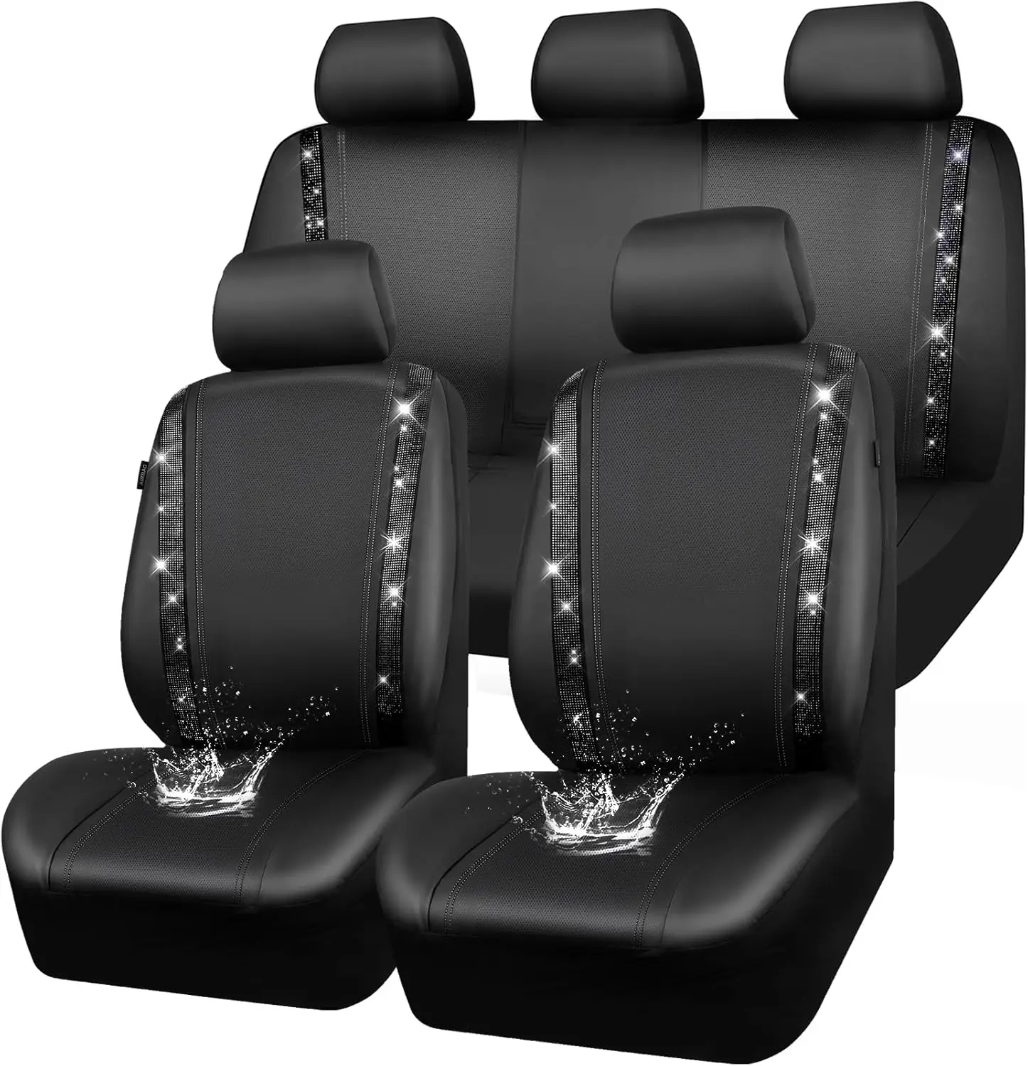 

Shining Rhinestone Waterproof Car Seat Covers Full Set, Universal Fit with Zipper for Women Girly Black