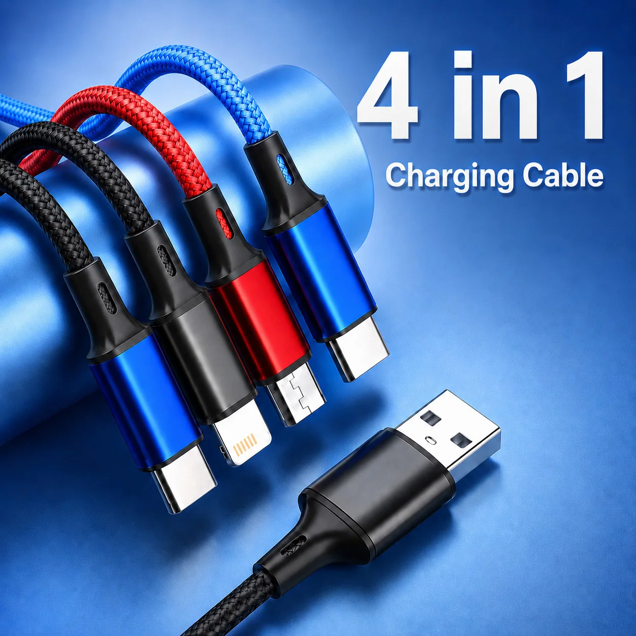 Cabo de Carregamento Multiuso 4 em 1, Carregador Rápido 3A, Cabo USB Trançado em Nylon Tipo C Micro Lightning para iPhone Samsung Huawei Android