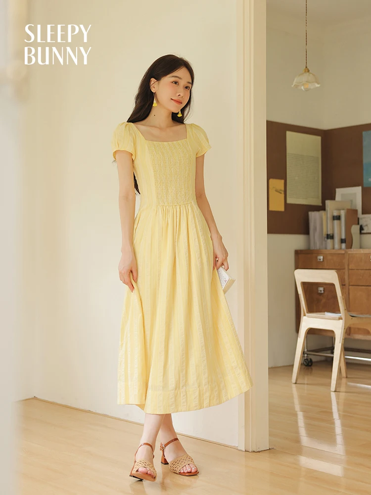 Sweet Vintage Puff Sleeve Dress Women Summer Square Neck Shirred Waist A-Line Midi Soft Lightweight Casual Long Dress Daily Look