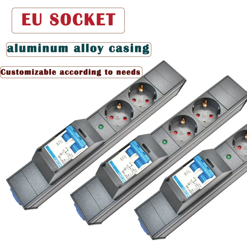 EU Socket PDU Power Strip Aluminum Alloy Casing Schuko Link Box Audio 3P Aviation Three Core Power Plug Air Switch with LED Line