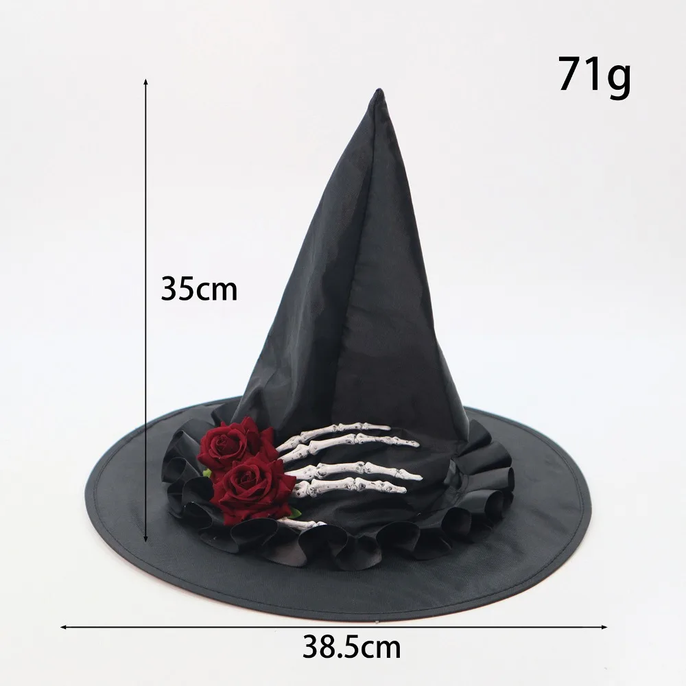 

Punk Skeleton Hand Skull Wizard Cap Black Oxford Halloween Witch Hats Decoration Flower Witch Hat Adult