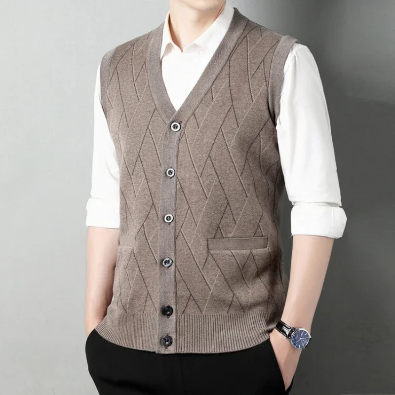 2024 New Men's Classic Business Knitted Cardigan Vest Pullover Men's V-neck Sleeveless Tank Tops