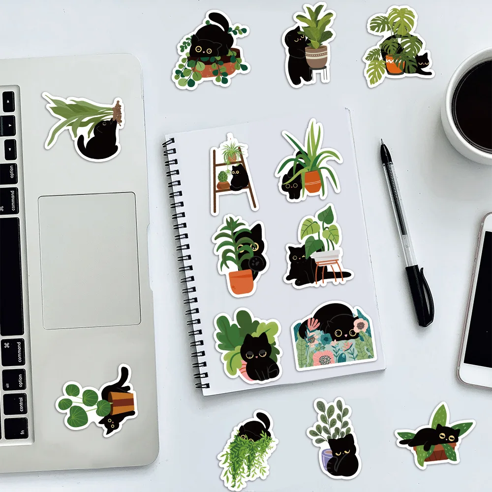 60pcs Cute Plant Black Cat Cartoon Stickers Waterproof Graffiti Phone Case Bike Kawaii Decoration Sticker