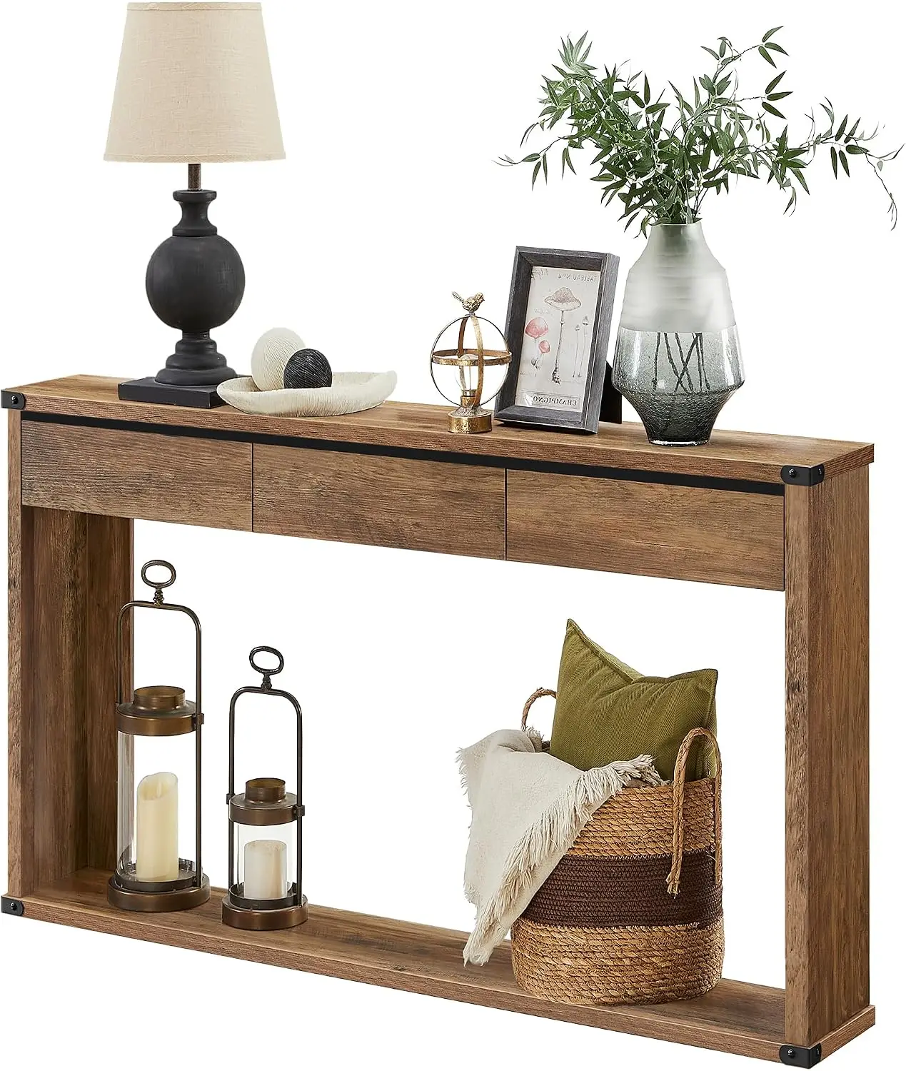 VASAGLE LIRY Collection - Sofa Console Table, 47.2 Inches Narrow Entryway Table with 3 Drawers, Bottom Shelf, Metal Corners, for