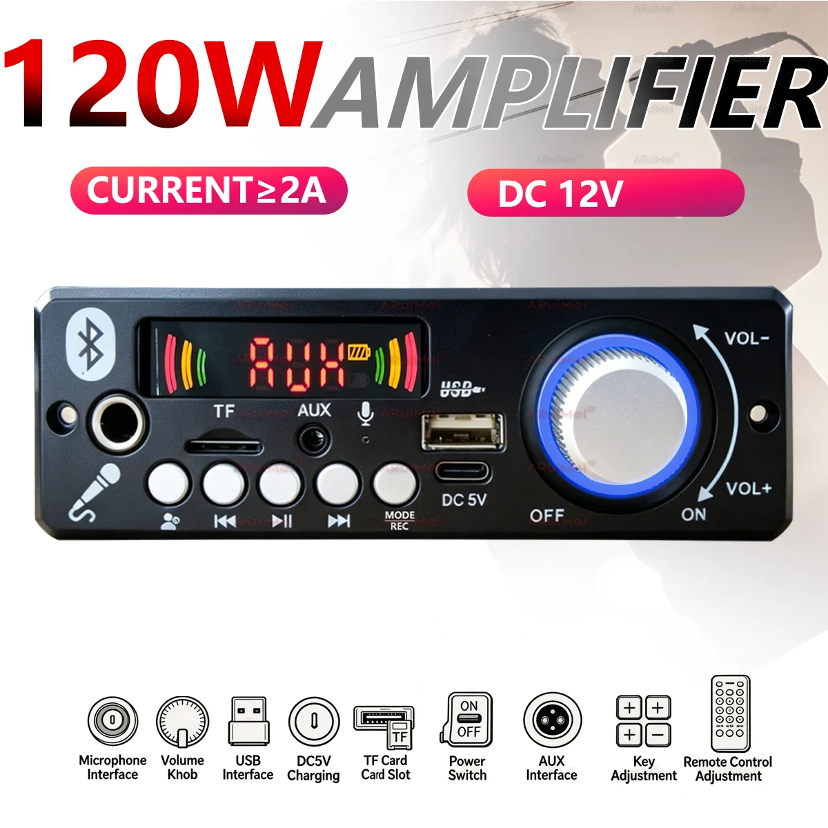 120W High Power Bluetooth Audio Amplifier Board Aluminum Heat Sink MP3 Decoder USB TF AUX FM Stereo Amp Module with Remote