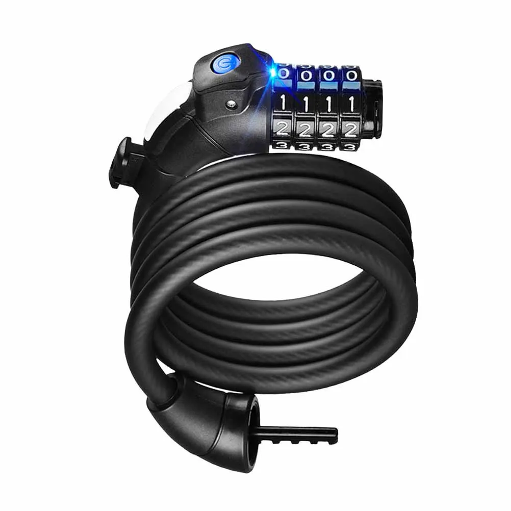 

4 Digit Cycling Heavy Duty 120cm Cable Combination Lock LED Light Black Key Free Sturdy Safe Bicycle Motorcycle Scooter