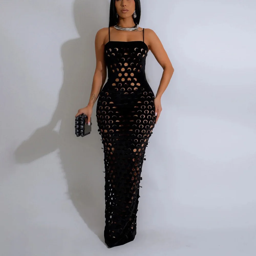 

Sexy Dresses for Women Spaghetti Strap Black Hollow Out Sheath Floor Length Elegant Ladies Birthday Party Dinner Club Vestidos