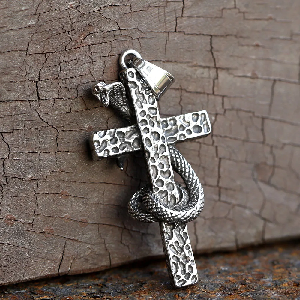 Punk 2024 New Design 316LStainless Steel CROSS Snake Pendant Necklace For Men Cool Gothic Animal Jewelry For Teens