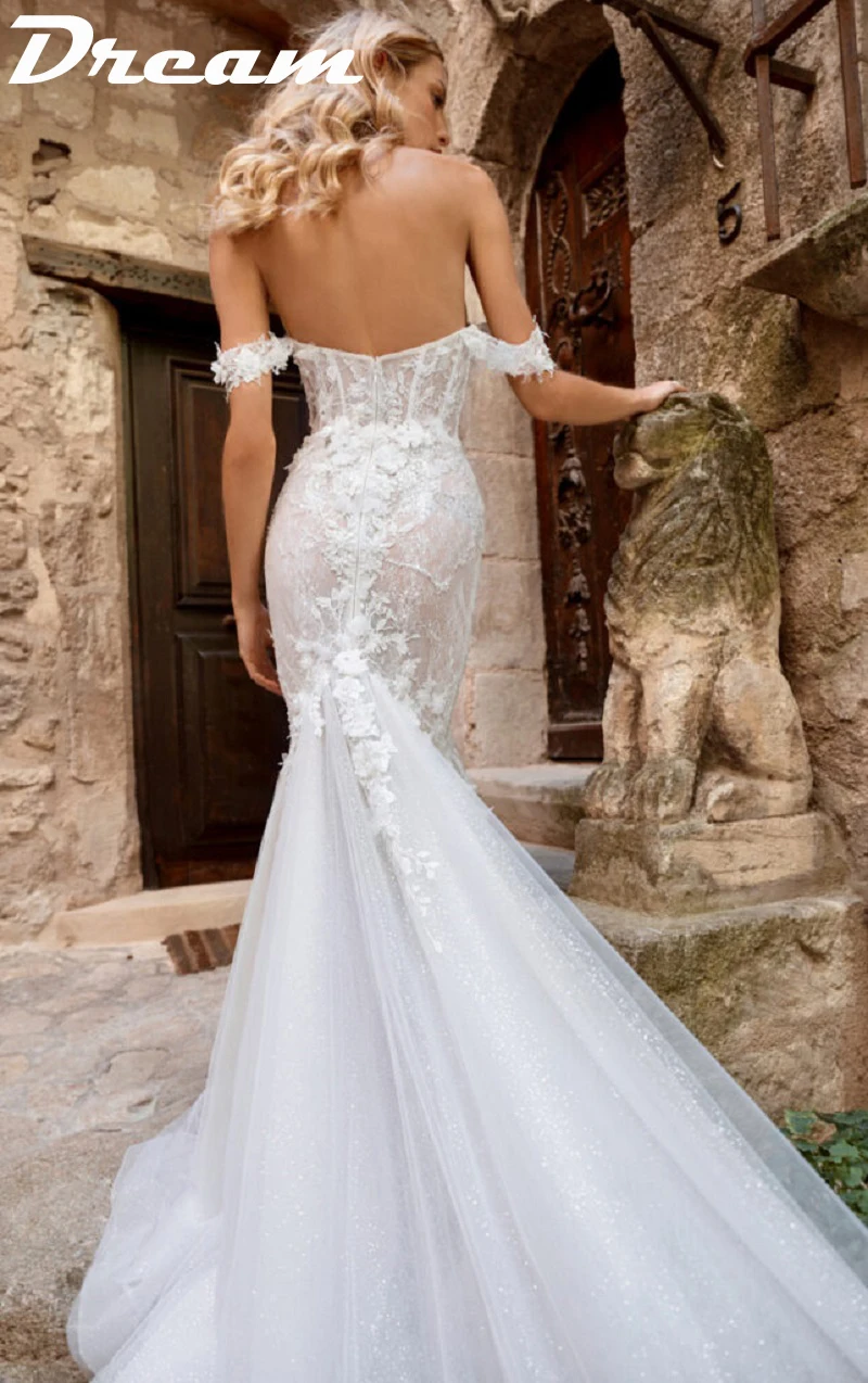 DREAM Off The Shoulder Lace Appliques Mermaid Wedding Dress 2022 Sparkly Tulle Court Train Sweetheart Bridal Gowns