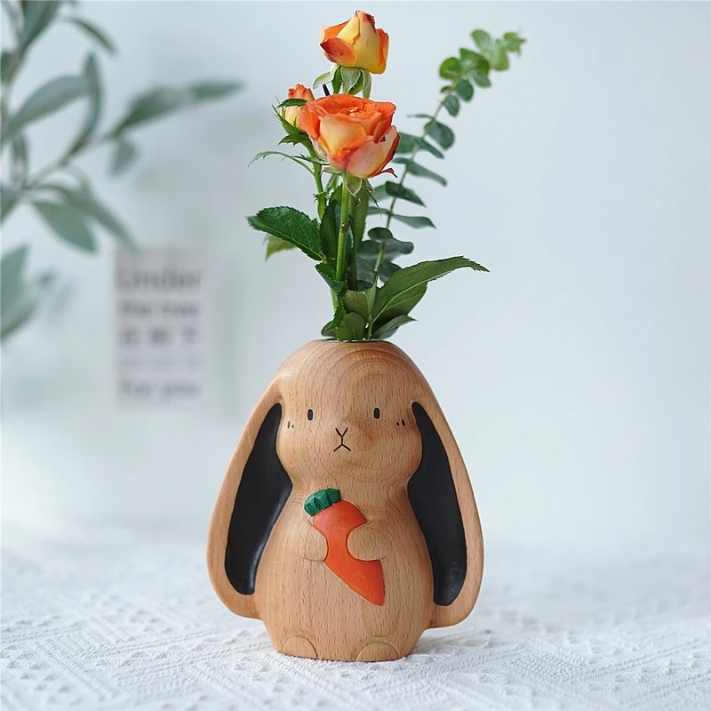 

Creative rabbit solid wood dried flower vase ornaments hydroponic flower arrangement desktop bunny decoration