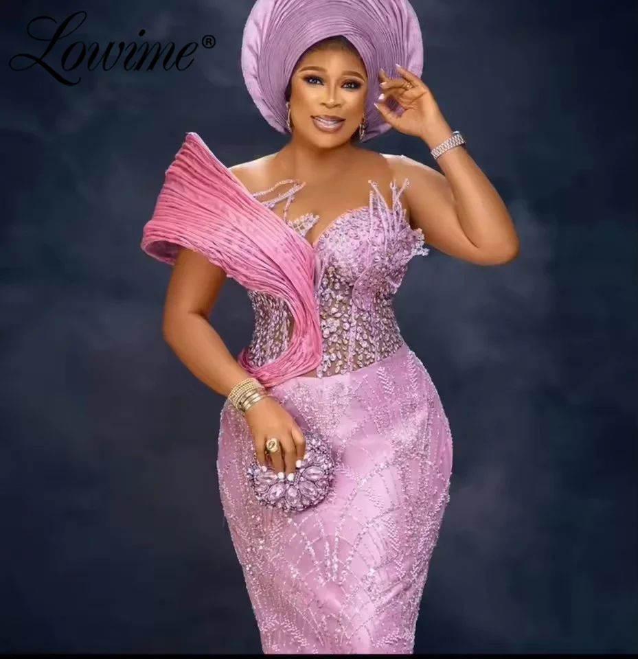 تخصيص Aso Ebi الوردي غمد فساتين لحضور الحفلات الموسيقية مطرز بلورات مساء حفلة رسمية فساتين عيد ميلاد ثانية رداء كتف واحد #2