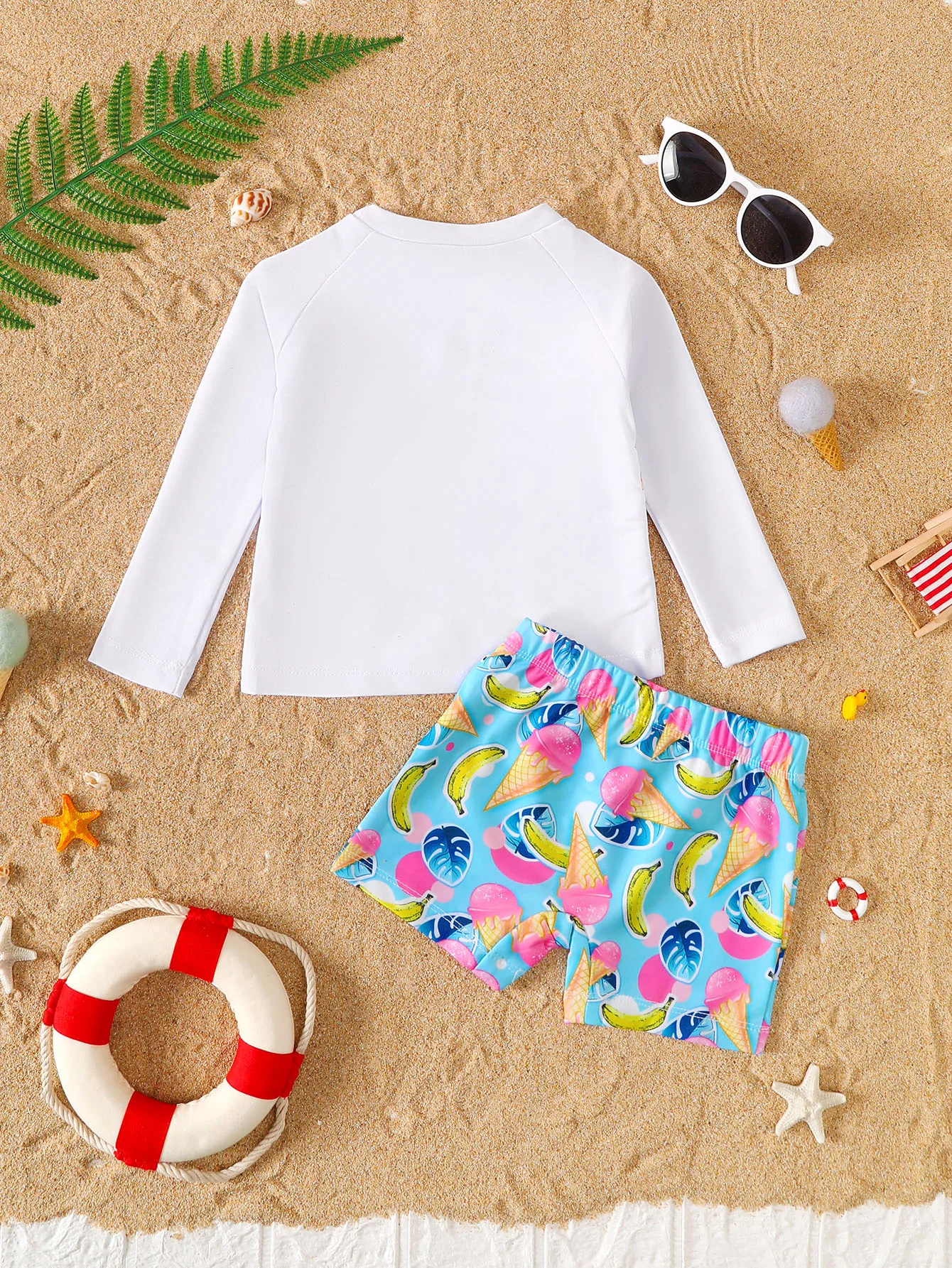 Summer Ice Cream Print Long-Sleeve Short Pants Swimsuit Set