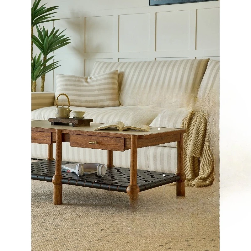 

French retro solid wood living room coffee table medium and ancient rock slab small apartment