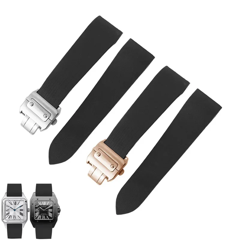 

Rubber Waterproof Watchband Fits for Cartier Santos 100 W2020007 Silicone Strap Silver Folding Buckle Black Bracelet 25mm